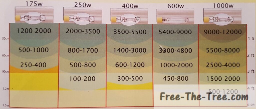 Table showing Lumens levels depending on the distance from the light bulb