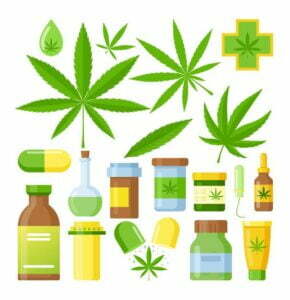 cannabis medicine cartoon with medical marijuana set with hemp oil glass bottle, cannabis extracts etc